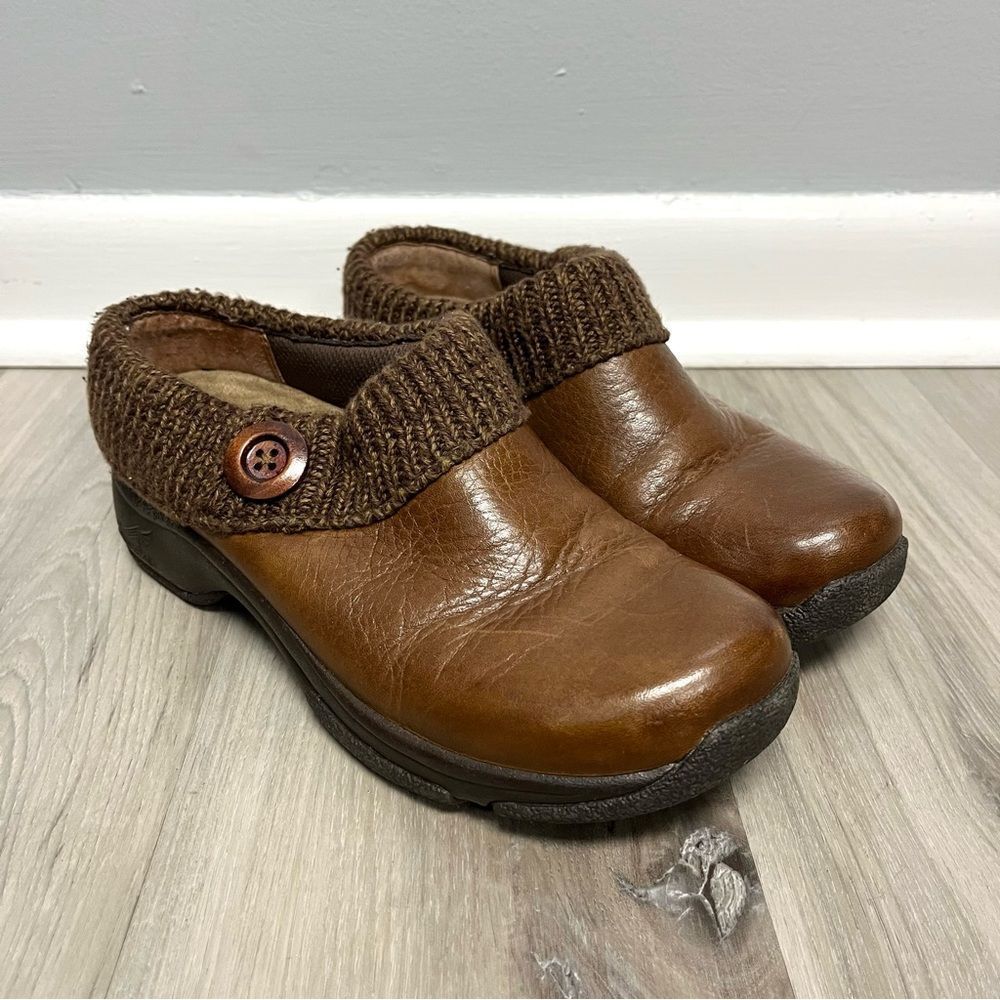 Dansko Mules Women's 37‎ Kenzie Brown Leather with Knit Trim Slip On Shoes